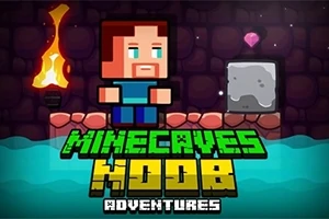 Pixelert figur med skjegg står ved siden av en stein og en fakkel, med teksten Minecaves Noob Adventures over vann