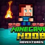 Pixelert figur med skjegg står ved siden av en stein og en fakkel, med teksten Minecaves Noob Adventures over vann