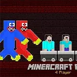 Illustrasjon av fire figurer i gruvevogner med to fargerike karakterer ved siden av, med teksten MINERCRAFT PARTY 4 Player nederst