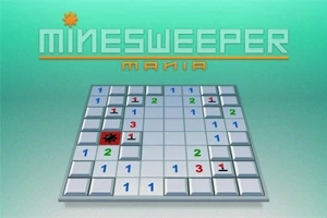 Et brettspill med tall i ulike farger som indikerer miner, med ordet minesweeper øverst på en grønn bakgrunn
