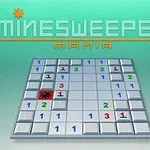 Et brettspill med tall i ulike farger som indikerer miner, med ordet minesweeper øverst på en grønn bakgrunn