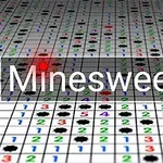 Et rutenett med tall i ulike farger og svarte miner, med ordet Minesweeper skrevet over
