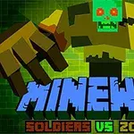 En pikselert zombie med grønne og brune toner står foran teksten Minewar Soldiers vs Zombies på en grønn bakgrunn med rutenettmønster