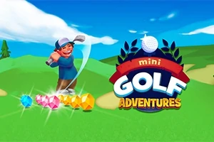 En tegneseriefigur svinger en golfkølle foran fargerike edelstener, med en logo som inneholder en golfball og teksten mini golf adventures ved siden av