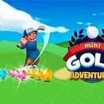 En tegneseriefigur svinger en golfkølle foran fargerike edelstener, med en logo som inneholder en golfball og teksten mini golf adventures ved siden av