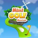 Tekst med ordene Mini Golf Master over en illustrasjon av en minigolfbane med en hvit golfball, et flagg, og en vindmølle i bakgrunnen, mot en blå himmel med skyer