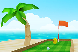 En enkel, fargerik strandscene med en palme, en minigolfbane, en golfball, en ring og et oransje flagg mot en blå himmel og havet i bakgrunnen