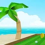 En enkel, fargerik strandscene med en palme, en minigolfbane, en golfball, en ring og et oransje flagg mot en blå himmel og havet i bakgrunnen