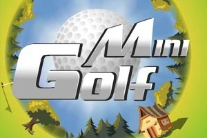Store grå bokstaver som danner ordene Mini Golf foran en stor golfball, med trær, hus og lysende gule aksenter i bakgrunnen