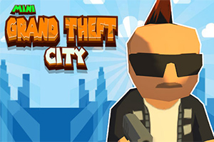 En tegneseriefigur med solbriller og hanekam står foran en bysilhuett med teksten Mini Grand Theft City i lyse farger