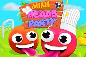 To fargerike, animerte figurer med store øyne og tunger står foran et skilt med teksten Mini Heads Party, omgitt av gress og en fotball i bakgrunnen