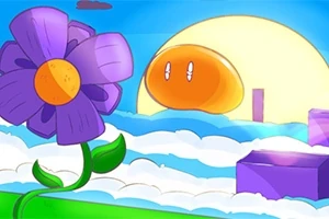 Fargerik tegning med en stor blomst og et stort smilende solaktig ansikt over skyer
