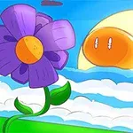 Fargerik tegning med en stor blomst og et stort smilende solaktig ansikt over skyer