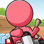 En rosa figur i en gokart på en svingete bane med bakgrunn av blå himmel og grønne trær