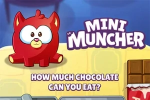 Rød tegneserie-kattfigur ved siden av teksten MINI MUNCHER og HOW MUCH CHOCOLATE CAN YOU EAT?