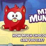 Rød tegneserie-kattfigur ved siden av teksten MINI MUNCHER og HOW MUCH CHOCOLATE CAN YOU EAT?