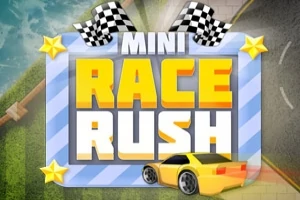 Gult sportsbil foran skilt med teksten Mini Race Rush og rutete flagg på toppen