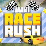Gult sportsbil foran skilt med teksten Mini Race Rush og rutete flagg på toppen