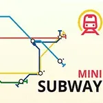 Grafikk av et stilisert t-banenettverk i ulike farger med teksten MINI SUBWAY og et ikon av et tog