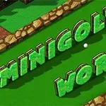 Tekstene MINIGOLF WORLD i tredimensjonale grønne bokstaver på en minigolfbane