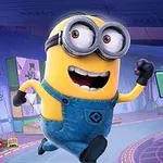 En minion med vernebriller og blå snekkerbukse løper i et futuristisk rom med leker i bakgrunnen