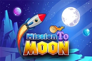 Romskip som flyr mot månen med fargerike planeter i bakgrunnen og teksten Mission to Moon
