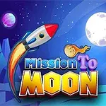 Romskip som flyr mot månen med fargerike planeter i bakgrunnen og teksten Mission to Moon