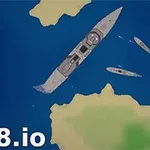 Flåteskip beveger seg nær øyer i blått hav med teksten mk48