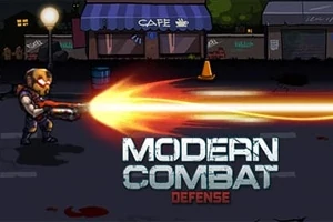En actionfigur i rustning skyter et kraftig våpen i en gate foran en kafé, med teksten Modern Combat Defense i forgrunnen
