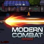 En actionfigur i rustning skyter et kraftig våpen i en gate foran en kafé, med teksten Modern Combat Defense i forgrunnen