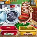 En tegnet kvinne står ved siden av en vaskemaskin med to kurver merket Toys og Clothes foran seg