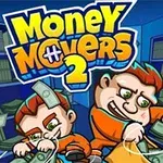 To figurer i oransje antrekk med penger som flyr rundt dem i et rom med hyller