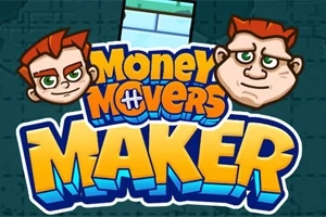 To ansikter med uttrykksfulle øyne svever over teksten Money Movers Maker i fargerike bokstaver
