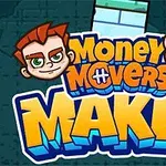 To ansikter med uttrykksfulle øyne svever over teksten Money Movers Maker i fargerike bokstaver