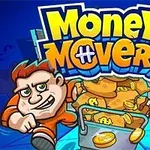 To personer i oransje drakter bærer en tralle fylt med sekker med dollar-symboler på en blå bakgrunn, med teksten Money Movers over