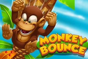 Tegnet ape med et stort smil som klatrer en palme, med fargerik tekst Monkey Bounce ved siden av