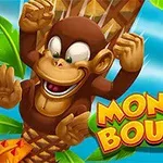 Tegnet ape med et stort smil som klatrer en palme, med fargerik tekst Monkey Bounce ved siden av