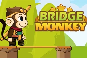 En tegneseries ape står på en plattform ved siden av teksten Bridge Monkey med stjerner over, mot en fargerik bakgrunn