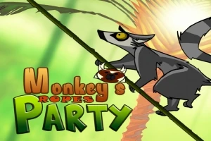 Animasjonsfigur av et lemur-aktig dyr som klatrer på en gren med sollys i bakgrunnen, og fargerike bokstaver nederst