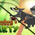 Animasjonsfigur av et lemur-aktig dyr som klatrer på en gren med sollys i bakgrunnen, og fargerike bokstaver nederst