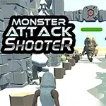 En person sett bakfra i en steinete korridor med et stort monster i det fjerne og en målsikt over hodet, med teksten Monster Attack Shooter til venstre