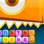Fargerike blokker med ansikter danner ordene monster blocks under et stort, orange monsteransikt med ett øye og taggete tenner