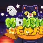 En tegneserieillustrasjon med en svart katt med store gule øyne, to spøkelser, stjerner og teksten Monster Cafe i fargerike bokstaver