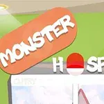 Skilt med teksten MONSTER HOSPITAL i tegnet stil på en grønn bakgrunn