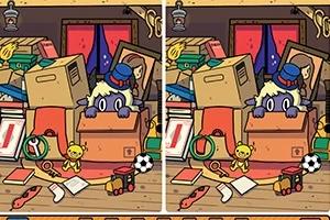 To nesten identiske tegninger av et rotete loft med en stor pappeske, en bamse, en ball, og et lekemonster som titter ut