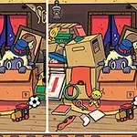 To nesten identiske tegninger av et rotete loft med en stor pappeske, en bamse, en ball, og et lekemonster som titter ut