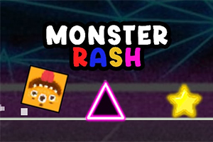 Illustrasjon av en firkantet figur med et ansikt nær en rosa trekant og en gul stjerne, med teksten Monster Rash øverst