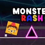 Illustrasjon av en firkantet figur med et ansikt nær en rosa trekant og en gul stjerne, med teksten Monster Rash øverst