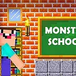 To figurer i en blokket stil foran en grønn tavle med teksten MONSTER SCHOOL i et klasserom med murvegger