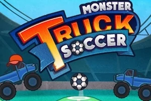 To blå monstertrucker spiller fotball med en ball mot en bakgrunn av et stadion, med teksten Monster Truck Soccer øverst